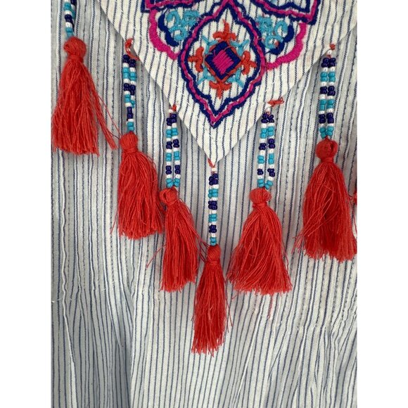 Chico's Peasant Embroidered Striped Blouse with Tassels Size 1 US M - Picture 3 of 10
